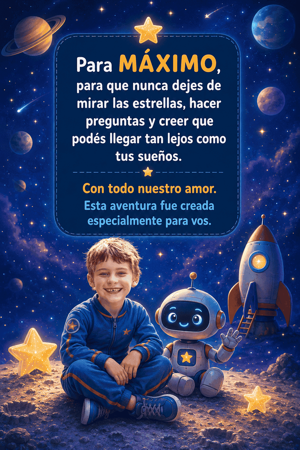 Dedicatoria final de cuento espacial personalizado